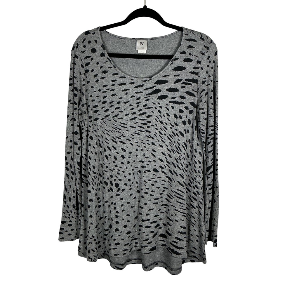 Natori Grey Black Abstract Animal Print Scoop Neck Long Sleeve Tunic Top Medium